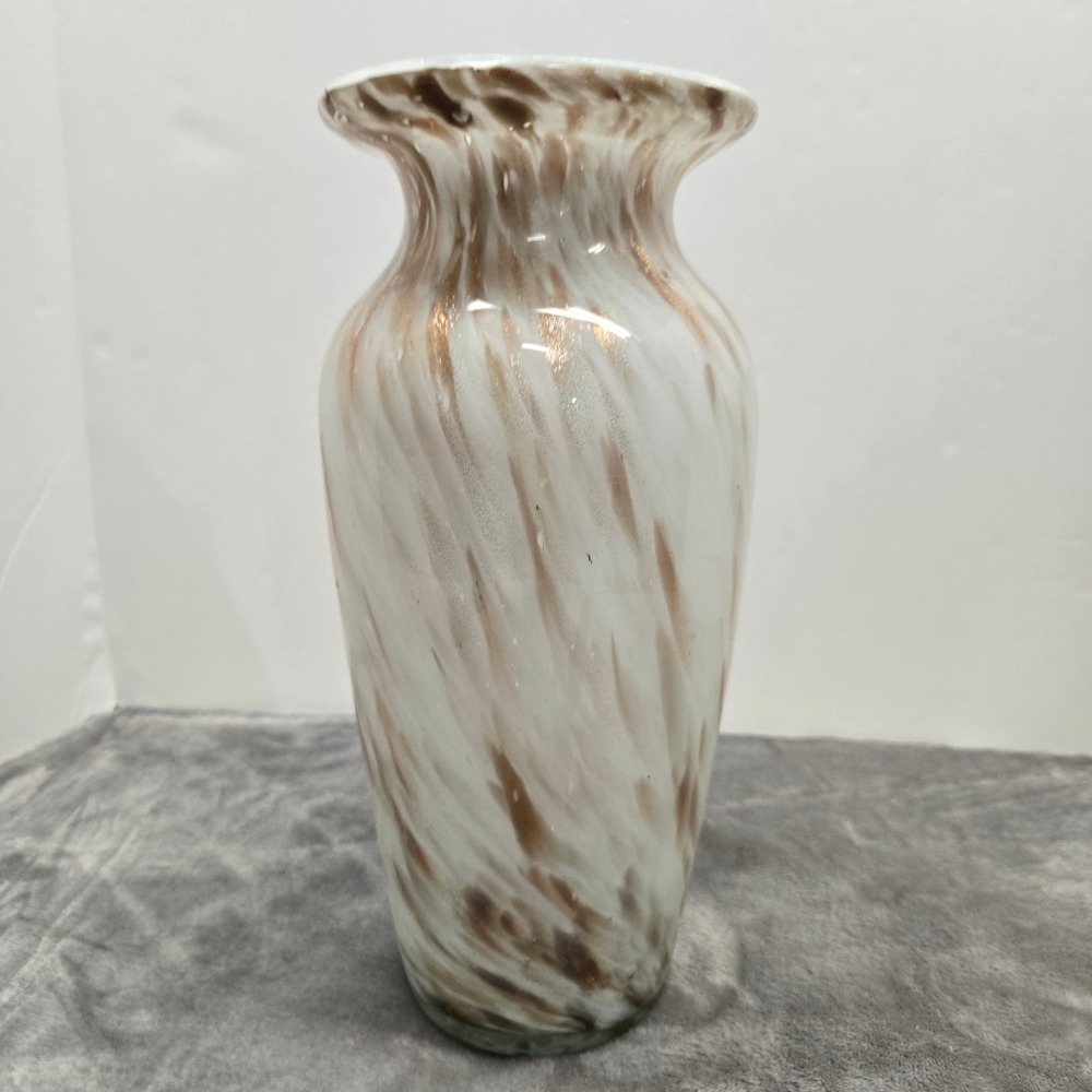 Hand Blown Glass Vase White Brown Swirl Marbled Aventurine Copper Flecks 10 inch
